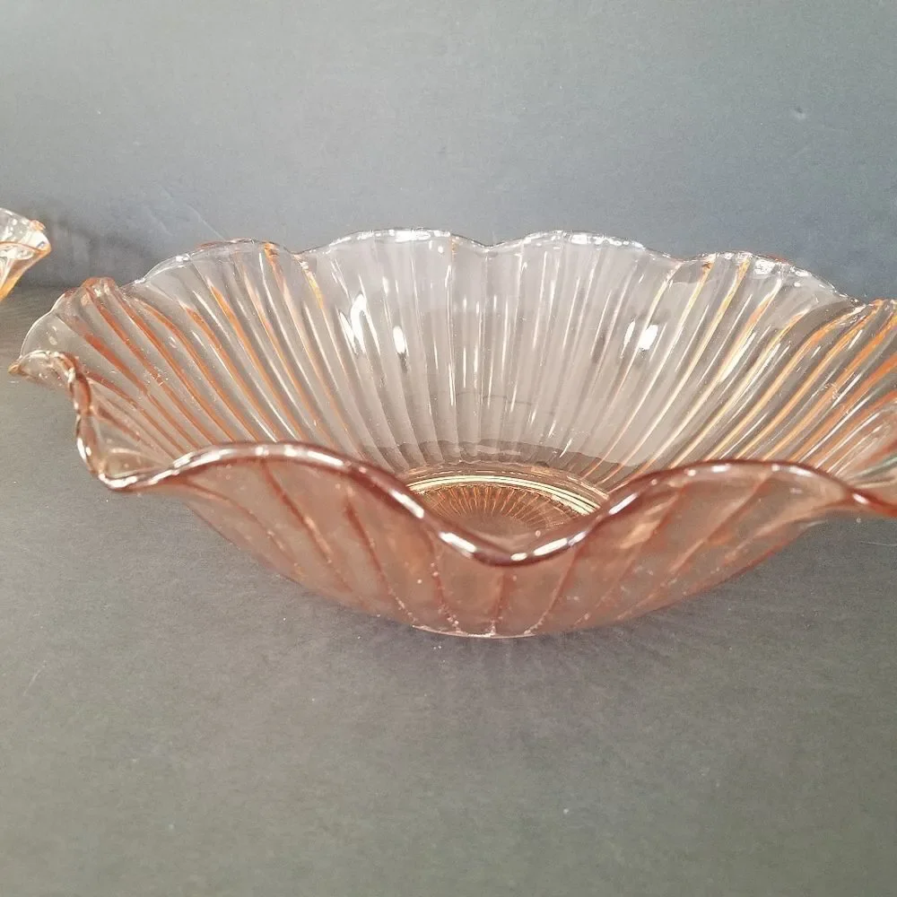 Vintage Anchor Hocking Large Pink Glass Ruffled Bowl & Matching Candle Holders